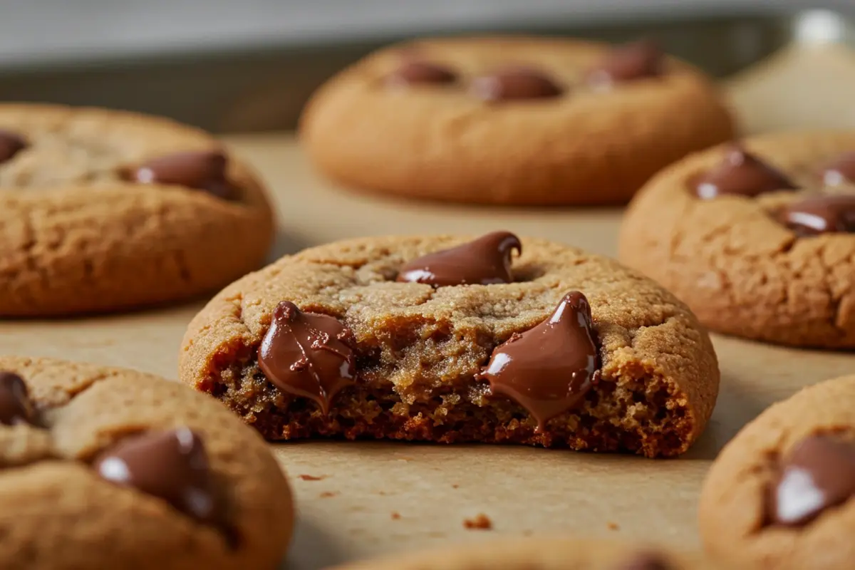 "Freshly baked chocolate chip cookies, golden brown with melted chocolate, arranged on a rustic wooden board. The cookies look irresistibly delicious, with a soft and chewy texture visible, surrounded by a warm and inviting ambiance."