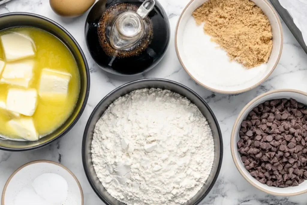 "Ingredients for Small Batch Chocolate Chip Cookies neatly arranged on a marble countertop, top view."