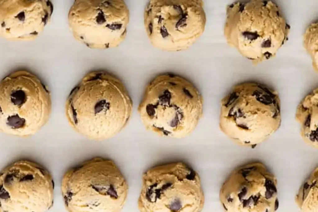 "Cookie dough scoops are placed evenly on a baking tray, ready to be baked, with the dough lightly spaced on a parchment-lined sheet