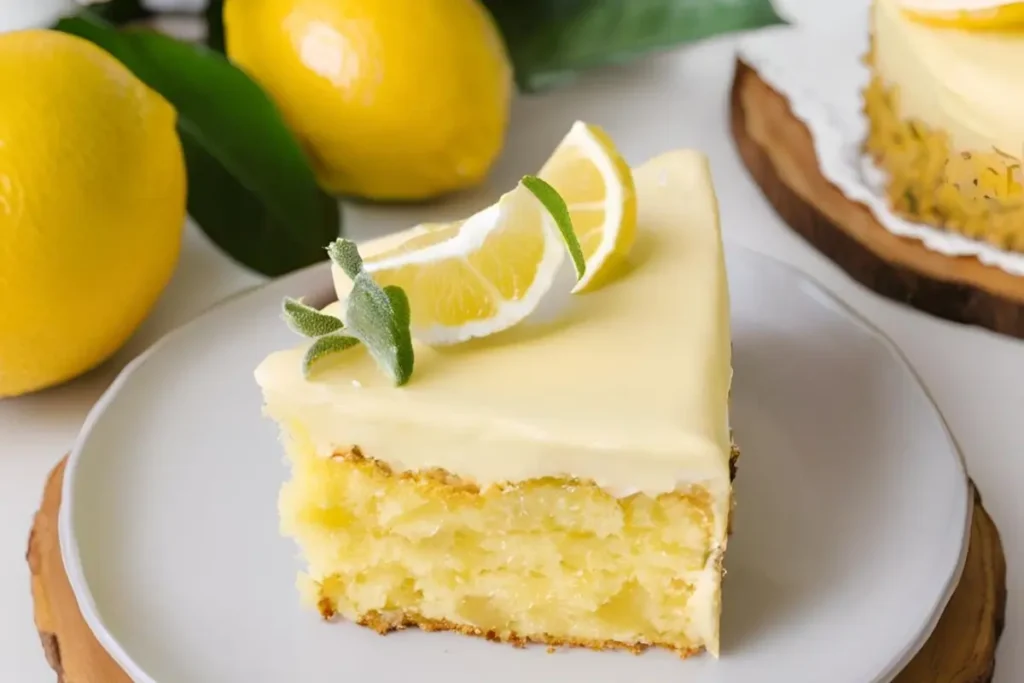 A slice of Lemon Cake on a white plate, topped with lemon frosting, accompanied by a fresh lemon wedge for a vibrant, citrusy touch.