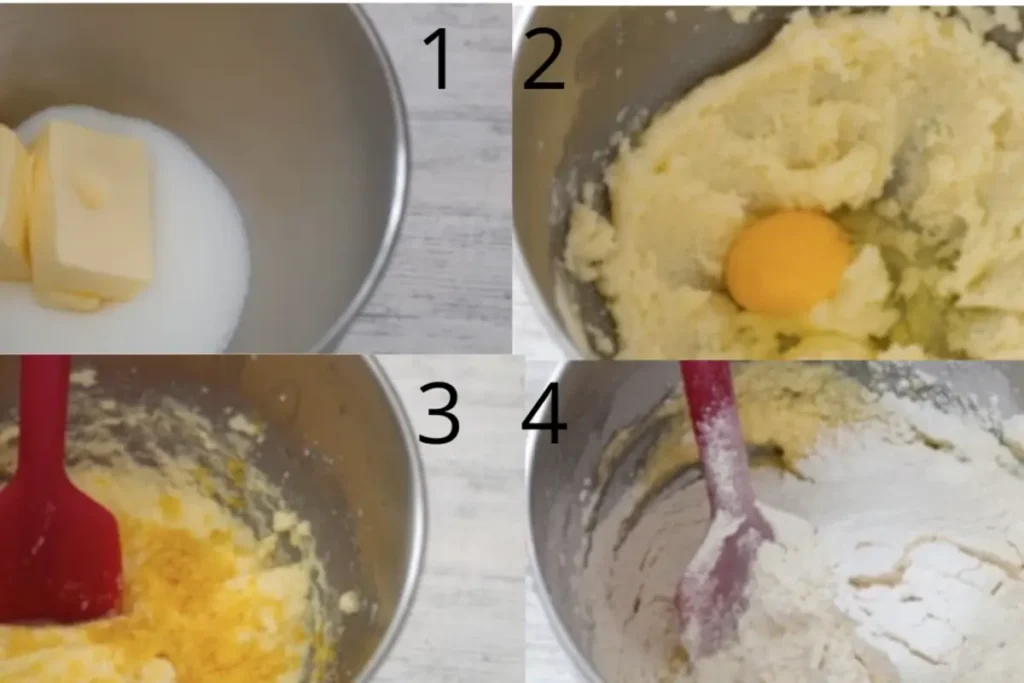 A close-up shot of the Lemon Cake preparation steps, showcasing ingredients being mixed in a bowl, with lemon zest and flour arranged neatly.