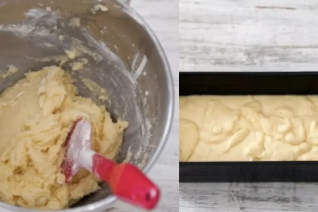 A close-up view of the cake batter being poured into a greased pan, with smooth, even texture, ready for baking.